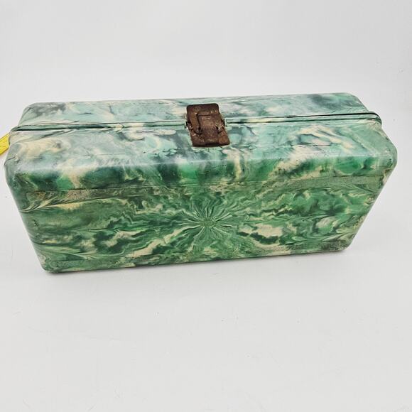 vintage Green Gray Marblelite Psychedelic Green Swirl Chest Fishing Tackle Box - Picture 3 of 12